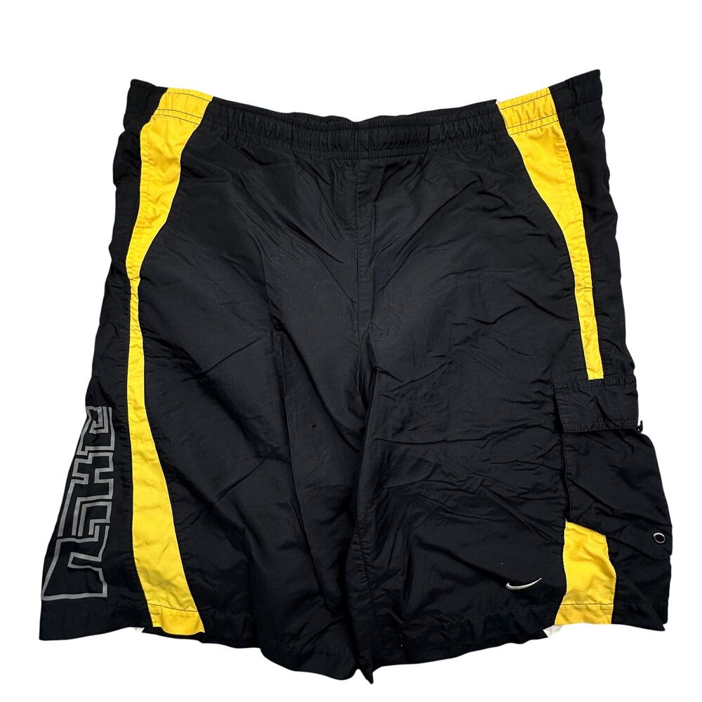 Vintage Nike Yellow Black Baggy Nylon Shorts Mens Medium Youth XL Cargo